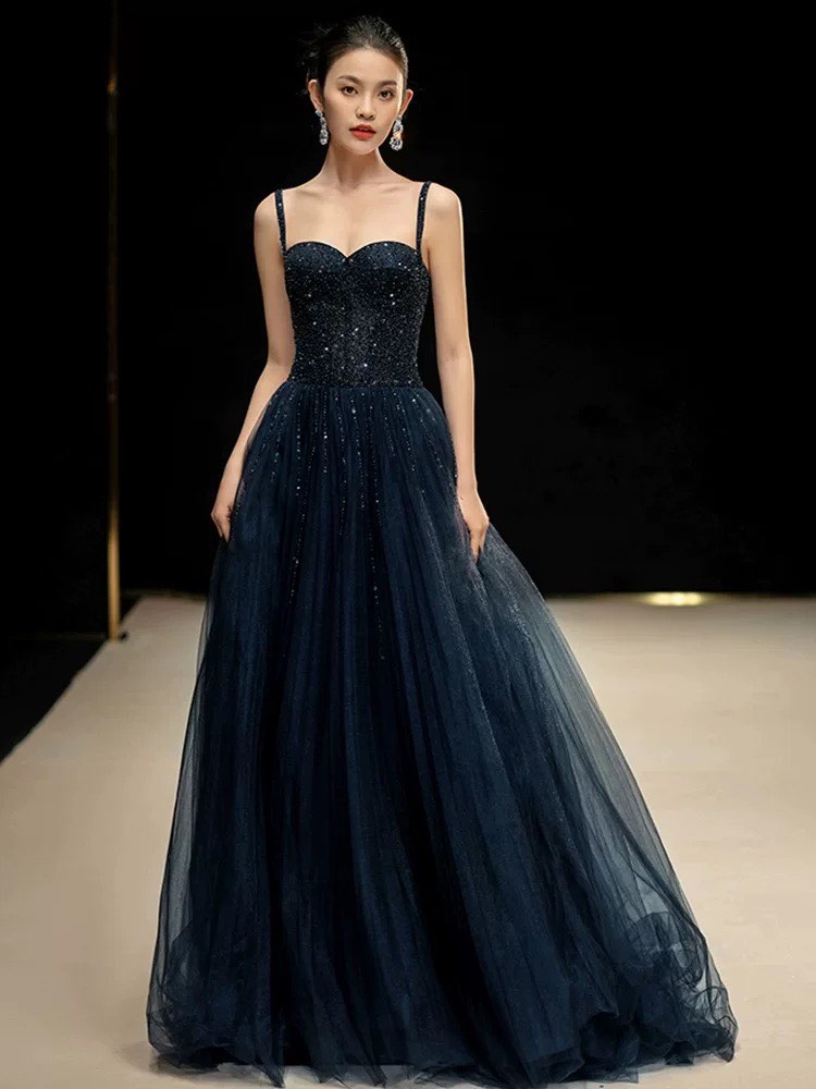 Shiny Navy Blue Sheath Evening Dress,Navy Blue Evening Gown  Y6359