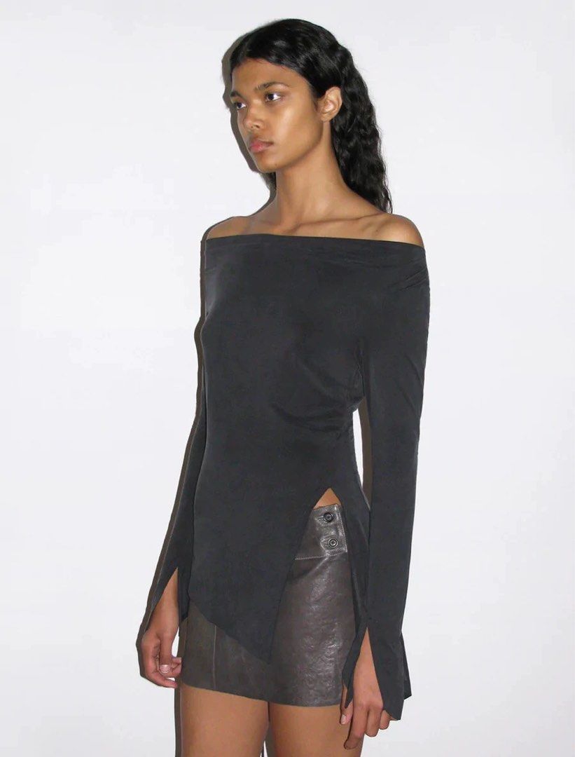 Paloma Wool Lotto Asymmetric Long Sleeve Cupro Top with Cuffs and Side Slit Dark Gray Women s Fashion Tops Longsleeves on Carousell