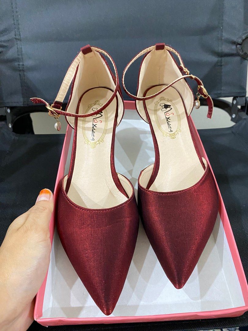 Red Maroon Shoes Strappy Heels Pointed Toes Suede Women s Fashion Footwear Heels on Carousell