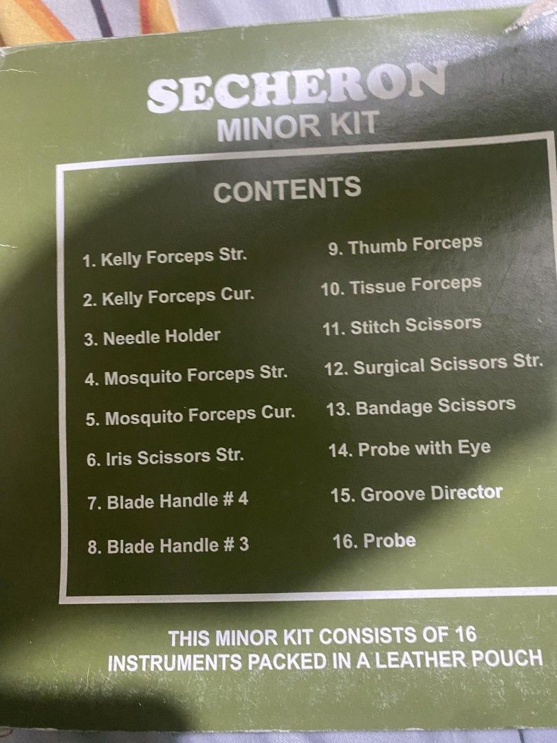 Secheron Minor Kit 16pcs (Category: Medical Supplies & Tools) located in Pasay City. Submitted by dunkinn (Listing ID 1323211984, Image 3). Description: Secheron Minor Kit 16pcs Complete set.