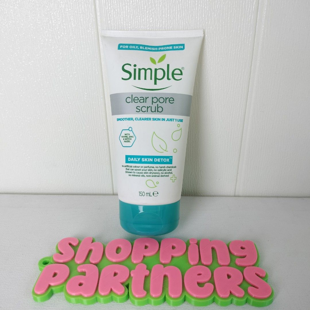 SIMPLE CLEAR PORE SCRUB CLEANSER 150ML (Category: Face Care) located in Quezon City. Submitted by shoppingpartners (Listing ID 1323227178, Image 2). Description: Refresh and renew your skin with the Simple Daily Skin Detox Clear Pore Scrub. It cleanses deep down to help eliminate pore-clogging dirt, oil, and makeup, while bamboo exfoliators gently refine pores and rough, uneven patches. Skin is left feeling smoother and clearer looking in just 1 