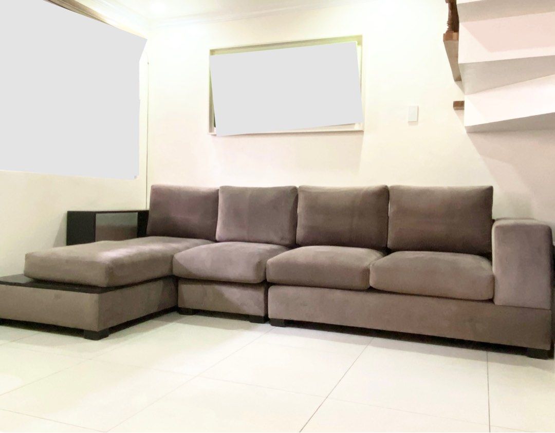 SOFA SET (Category: Sofas) located in Pasig City. Submitted by buyermia (Listing ID 1323104270, Image 1). Description: Quality Sofa Set Lobby resort like sofa Custom made L-shaped 6seater (10.5ft) Mahogany Wood & Uratex Foam Water resistant luxury velvet Almost a year old No stains on foam/fabric Rarely used RFS: Too big for our space now Pick-up & shipping c/o buyer Bought at xxx,000k Selling for: ₱35,000.