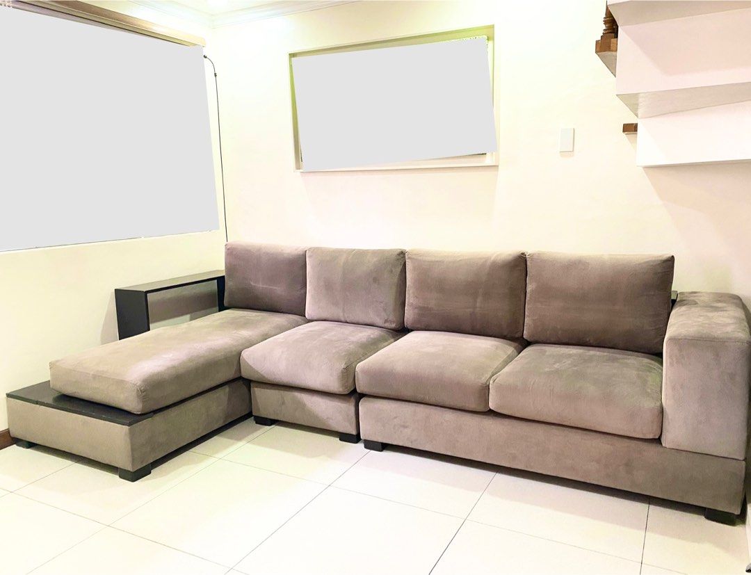 SOFA SET (Category: Sofas) located in Pasig City. Submitted by buyermia (Listing ID 1323104270, Image 2). Description: Quality Sofa Set Lobby resort like sofa Custom made L-shaped 6seater (10.5ft) Mahogany Wood & Uratex Foam Water resistant luxury velvet Almost a year old No stains on foam/fabric Rarely used RFS: Too big for our space now Pick-up & shipping c/o buyer Bought at xxx,000k Selling for: ₱35,000.