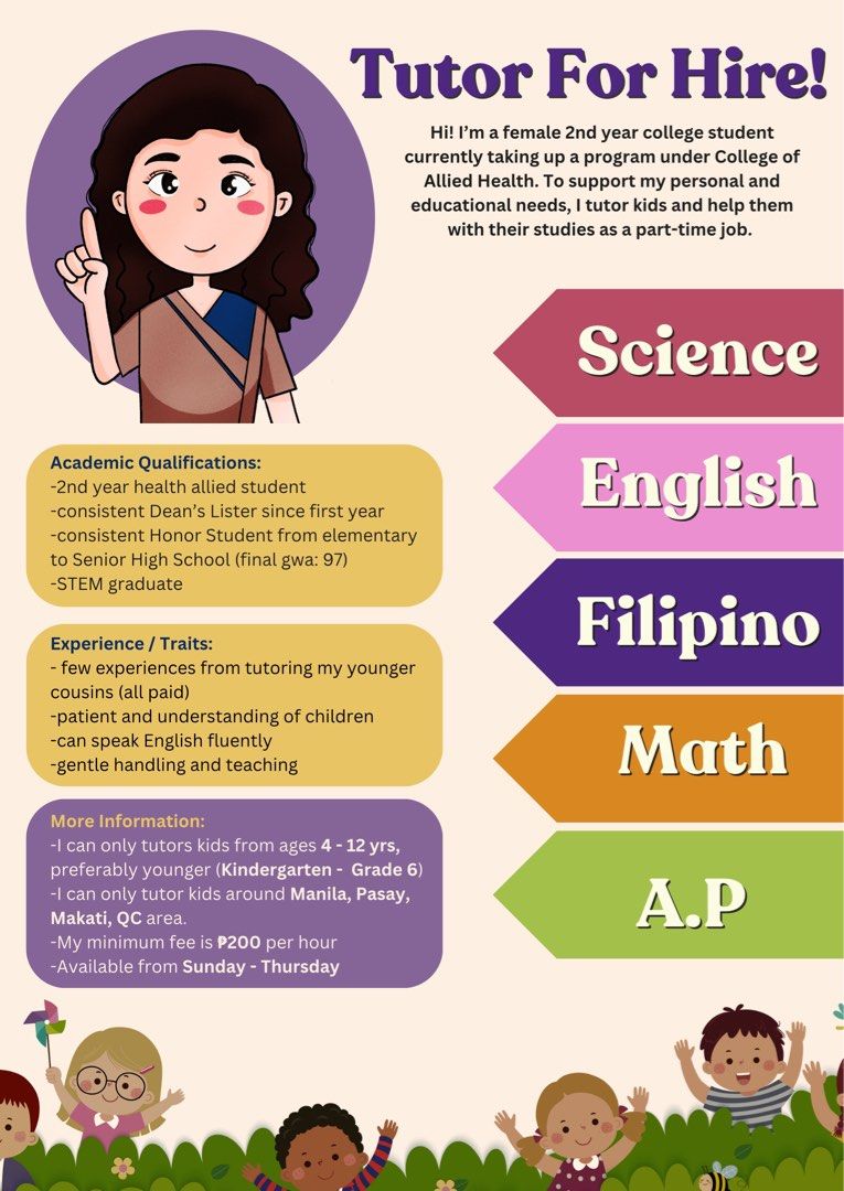 TUTOR FOR HIRE! (Category: Announcements) located in Manila. Submitted by redcherries27 (Listing ID 1323176622, Image 1). Description: -Advance studies -Exam preparation -Reading and writing -Assignment and worksheets -Essays and Poems -Arts and crafts.