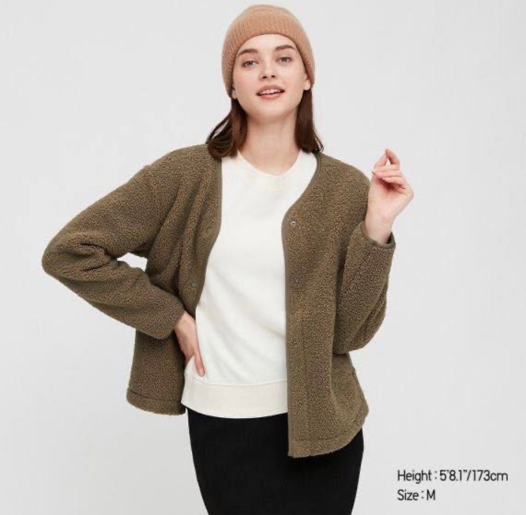 UNIQLO Pile Lined Fleece Crew Neck Long Sleeves Cardigan Jacket Size Large