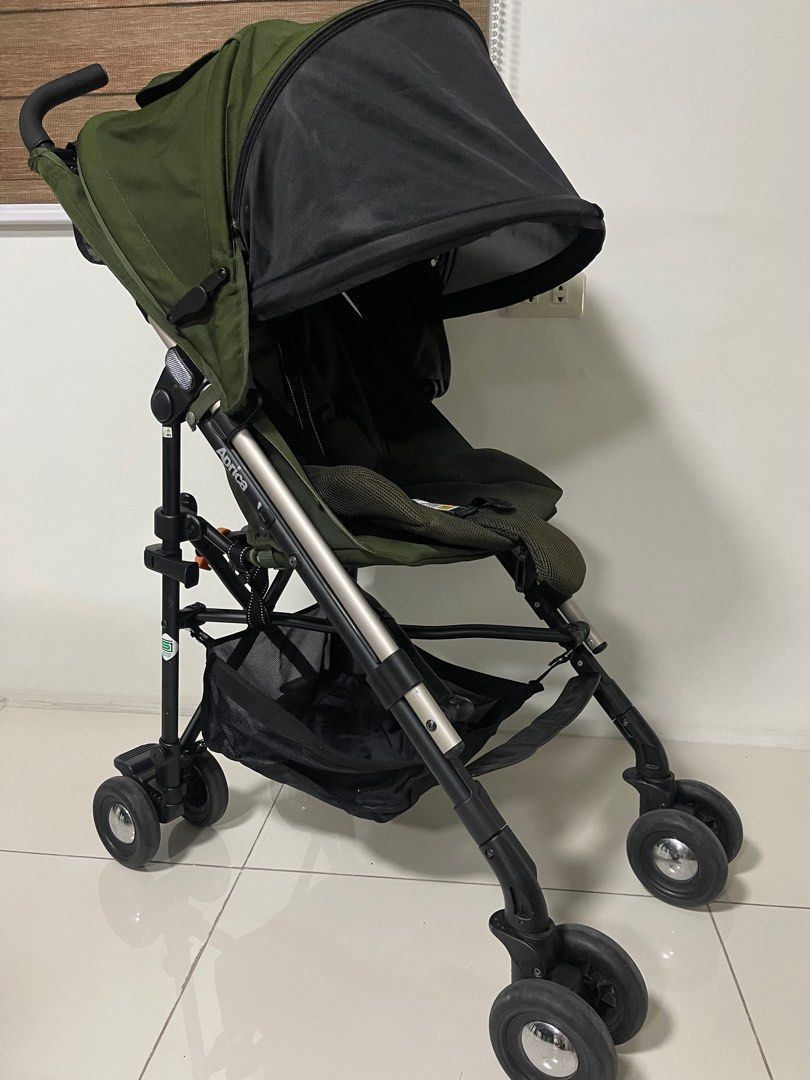 APRICA STICK FLAT HIGH SEAT (Category: Strollers) located in Bacoor. Submitted by japanbeibishop (Listing ID 1324842394, Image 3). Description: APRICA STICK FLAT HIGH SEAT Umbrella Stick Type Features: ▫️Lightweight ▫️One-hand, self-standing fold with carrying strap ▫️High handle & 53CM High seat ▫️Reclining seat back safe for newborn to toddler ▫️Shock-absorbing frame ▫️Large canopy with peekaboo window ▫️One-touch 5-point adjustable safety harn