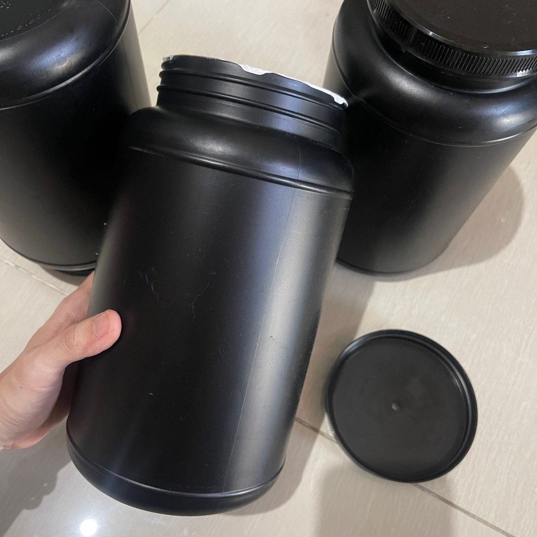 Black empty whey plastic bottle big diy tub recycle (Category: Storage Boxes & Baskets) located in Manila. Submitted by hodlclub (Listing ID 1324837570, Image 3). Description: 100 each Discount for bulk 24cm height 14cm diameter Bottle from whey protein Thick material Recycle Great For diy projects / storage.