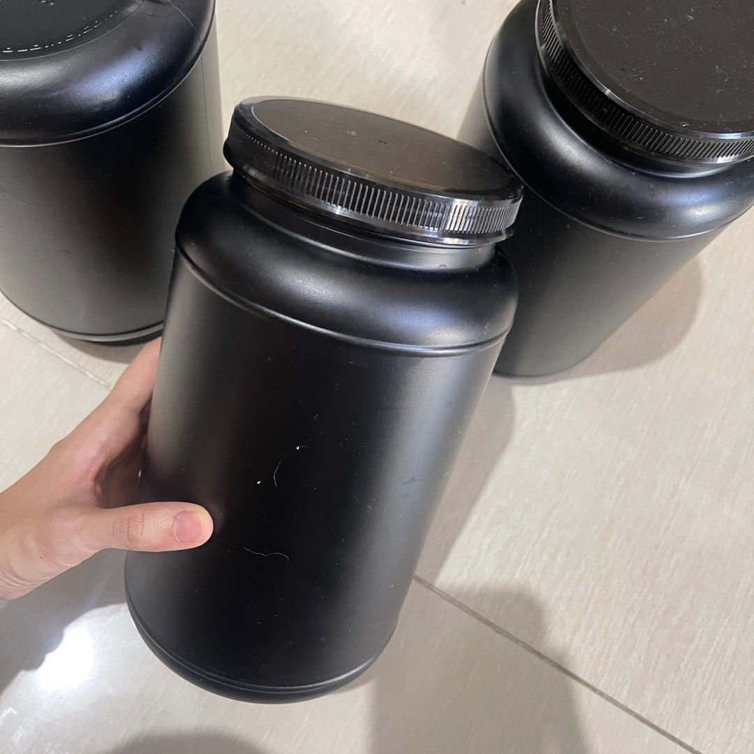 Black empty whey plastic bottle big diy tub recycle (Category: Storage Boxes & Baskets) located in Manila. Submitted by hodlclub (Listing ID 1324837570, Image 1). Description: 100 each Discount for bulk 24cm height 14cm diameter Bottle from whey protein Thick material Recycle Great For diy projects / storage.