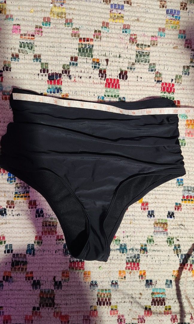 Black high waist ruched bikini bottoms (Category: Bikinis & Swimsuits) located in Makati City. Submitted by beabbbea (Listing ID 1324801432, Image 2). Description: small on tag but best fits medium shipping via lalamove/grab or lbc.