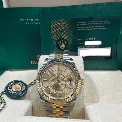 Brand New Sep 2024 Rolex Sky Dweller Two Tone Jubilee Champagne Dial 326933 (Category: Watches) located in Singapore. Submitted by j.lems (Listing ID 1324830173, Image 3). Description: Dated Sep 2024 Rolex international warranty til 2029 Brand new Full set with tag, box & papers Reference 326933 Slightly negotiable.