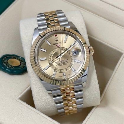 Brand New Sep 2024 Rolex Sky Dweller Two Tone Jubilee Champagne Dial 326933 (Category: Watches) located in Singapore. Submitted by j.lems (Listing ID 1324830173, Image 2). Description: Dated Sep 2024 Rolex international warranty til 2029 Brand new Full set with tag, box & papers Reference 326933 Slightly negotiable.
