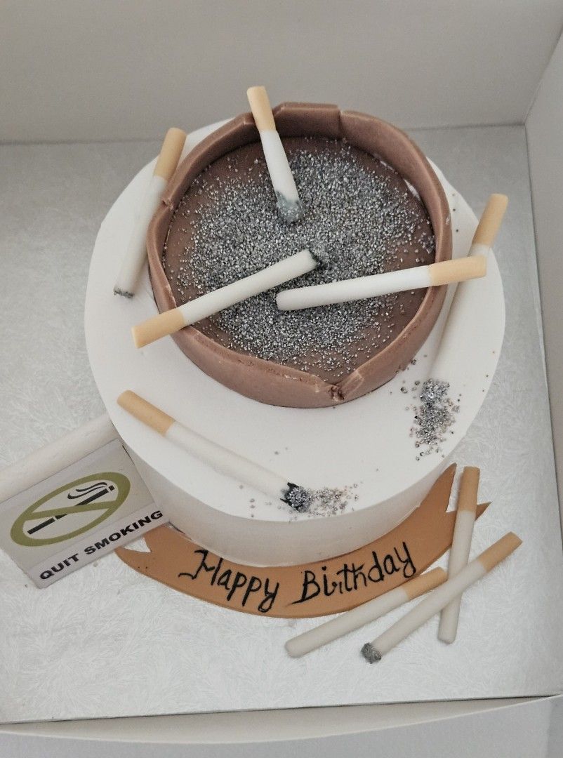 anniversary kake tobacco Custom cake for husband's smoking with Oreo ash cigarettes White and Pink Anniversary Cake