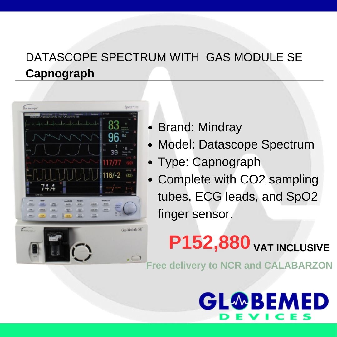 Datascope Spectrum with Gas Module SE Capnograph (Category: Health Monitors & Weighing Scales) located in Calamba. Submitted by globemed (Listing ID 1129869369, Image 1). Description: Datascope Spectrum with Gas Module SE Capnograph (CO2, ECG, Sp02, NIBP), flat screen, 220 volts, complete with CO2 sampling tubes, ECG leads, and SpO2 finger sensor. Condition: Fully refurbished with warranty.