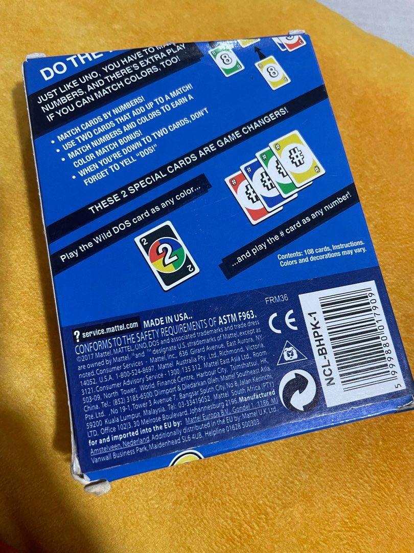 DOS card game (Category: Board Games & Puzzles) located in Quezon City. Submitted by kaylas__ (Listing ID 1324872623, Image 2). Description: Unlike UNO®, in DOS™ you primarily match numbers, but if you match colors as well you get a bonus! While in UNO®, you have one discard pile, in DOS™ you have at least two discard piles – sometimes more! And when you’re down to TWO cards, don’t forget to yell, “DOS!” Used but not abused Bought less than a yea