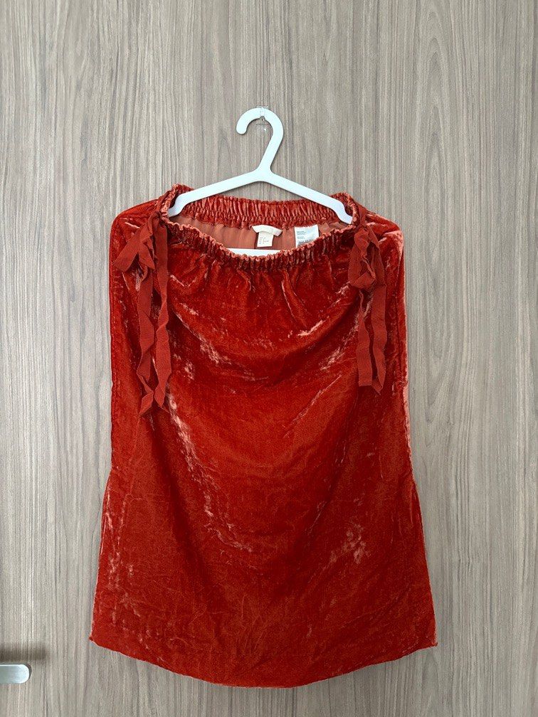 H M Burnt Orange Velvet Ribbon Tie Midi Skirt