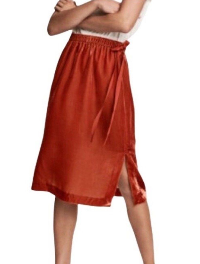 H M Burnt Orange Velvet Ribbon Tie Midi Skirt