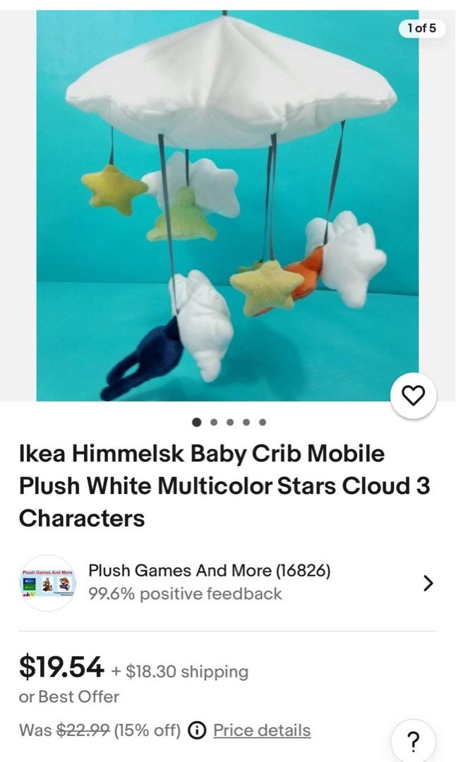 IKEA Himmelsk baby Crib Mobile (Category: Cots & Cribs) located in Taytay. Submitted by michidc (Listing ID 1324924857, Image 3). Description: IKEA Himmelsk Baby Crib Mobile Like new cut tag Plush White Multicolor Stars and Clouds 3 Characters ₱350 only Srp $22.99US.