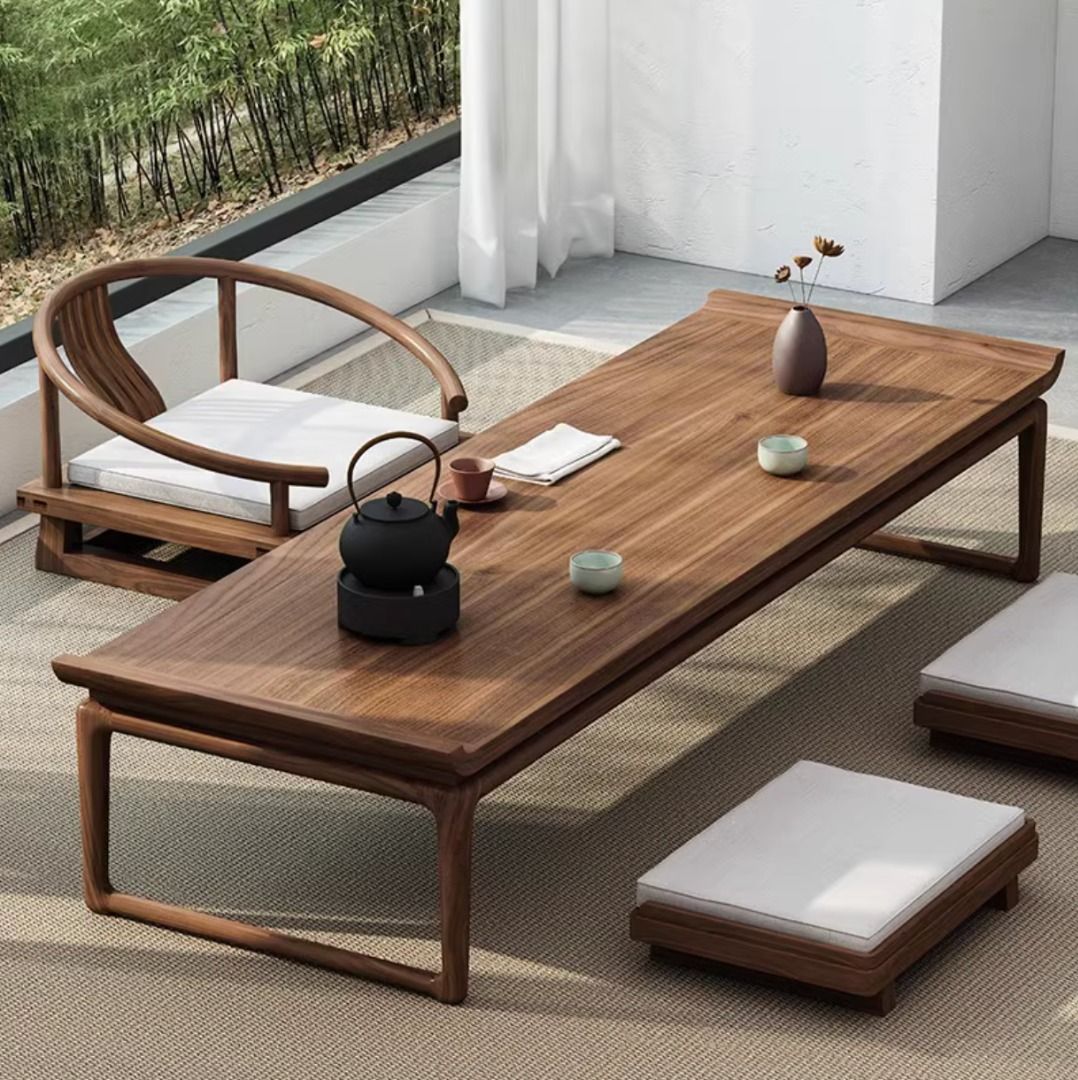 Japanese Zen Style Tatami Tea Table Set With 3 Chairs With Cushions Black Walnut Furniture Home Living Furniture Tables Sets on Carousell