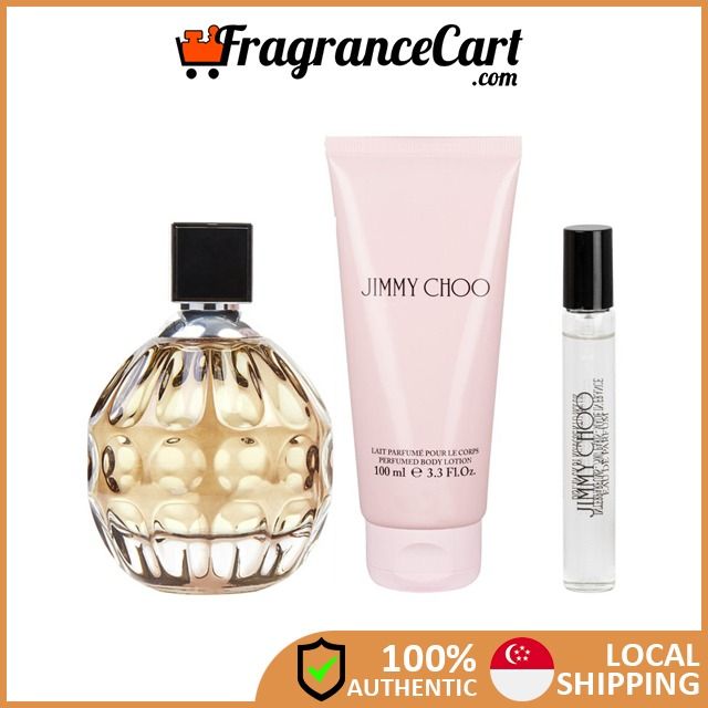 Jimmy Choo EDP 3 Pcs Gift Set for Women 100ml EDP 7.5ml Travel Spray 100ml Body Lotion Brand New 100 Authentic Perfume FragranceCart Eau de Parfum Woman Rose Gold Beauty