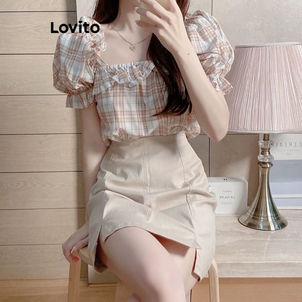 Lovito Size XL Casual Gingham Ruffle Frill Blouse for Women Light Brown baju wanita perempuan fashion shirt top