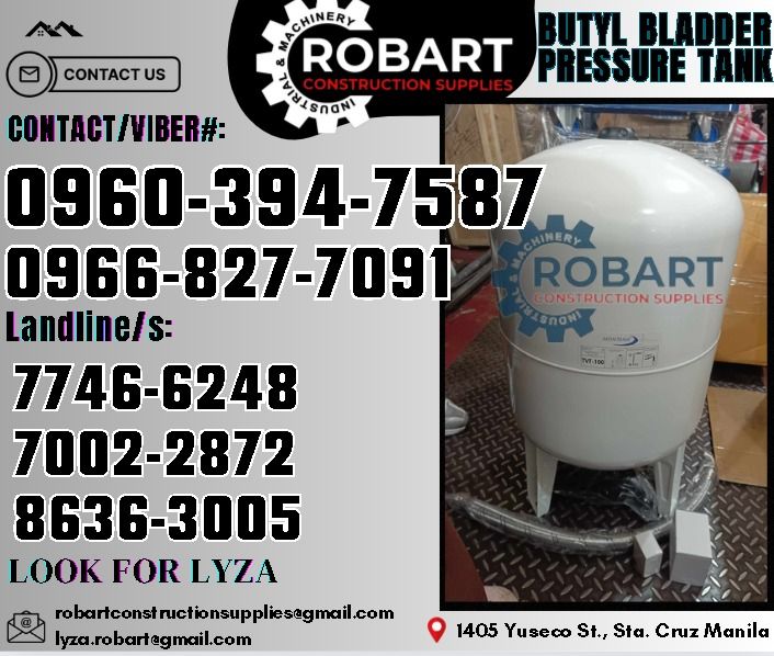 Montana Butyl Bladder Pressure Tank (Category: Construction Tools & Equipment) located in Manila. Submitted by lyzarobart11 (Listing ID 1324835888, Image 1). Description: Butyl Bladder Pressure Tank Brand: Montana Cap: 100L Model: TVT/100 𝑹𝑶𝑩𝑨𝑹𝑻 𝑪𝑶𝑵𝑺𝑻𝑹𝑼𝑪𝑻𝑰𝑶𝑵 𝑺𝑼𝑷𝑷𝑳𝑰𝑬𝑺 𝒪𝒻𝒻𝒾𝒸𝑒 𝒜𝒹𝒹𝓇𝑒𝓈𝓈: 𝟣𝟦𝟢𝟧 𝒴𝓊𝓈𝑒𝒸𝑜 𝒮𝓉. 𝒮𝓉𝒶 𝒞𝓇𝓊𝓏 𝑀𝒶𝓃𝒾𝓁𝒶 ꜱᴇɴᴅ ᴜꜱ ᴍᴇꜱꜱᴀɢᴇ ꜰᴏʀ ɪɴQᴜɪʀɪᴇꜱ ‼️ ‼️ ɢʟᴏʙᴇ: (0966-827-7091) ꜱᴍʀᴛ - (096