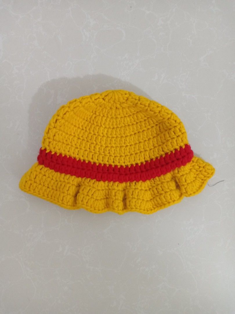One Piece Luffy Crochet Hat for Babies (Category: Babies & Kids Fashion) located in Cainta. Submitted by rizeru_18 (Listing ID 1324861511, Image 1). Description: One Piece Luffy Crochet Hat for Babies 16 - 18" head circumference 6 months to 1 yr old Used, in good condition.