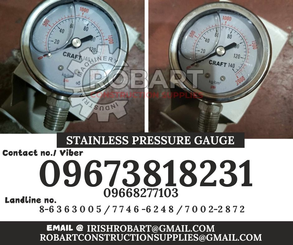 stainless pressure gauge (Category: Construction Tools & Equipment) located in Manila. Submitted by irishrobart_22 (Listing ID 1324838284, Image 1). Description: stainless pressure gauge 2" x 2000 PSI bottom connect 1/4 npt oil filled with/factory calib cert SEND US MESSAGE FOR INQUIRIES ‼️‼️ LOOK FOR IRISH ROBART VBR : 0 9 6 7 3 8 1 8 2 3 1/ 0 9 6 7 3 8 1 8 2 3 4 LANDLINE 8-6 3 6 3 0 0 5 / 7 7 4 6 -6 2 4 / 7 0 0 2-2 8 7 2 GMAIL: I R I S H R O B 