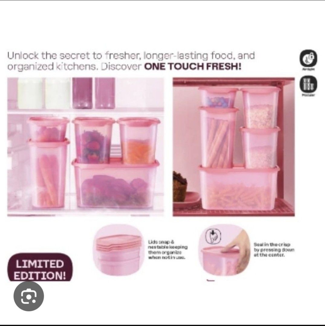 Tupperware One Touch Fresh Basic Set (1) (Category: Food Organisation & Storage) located in Singapore. Submitted by shirley_low (Listing ID 1324904164, Image 3). Description: - Easy Pull Tab - Clear window for easy identification -Seal in the crisp by pressing down at the center - Lids snap & nestable keeping them organise when not in use One Touch Fresh - Package include:- 1.One Touch Fresh Oval 540ml - 16.5cm (L) x 12.1cm (W) x 6.5cm (H) 2. One