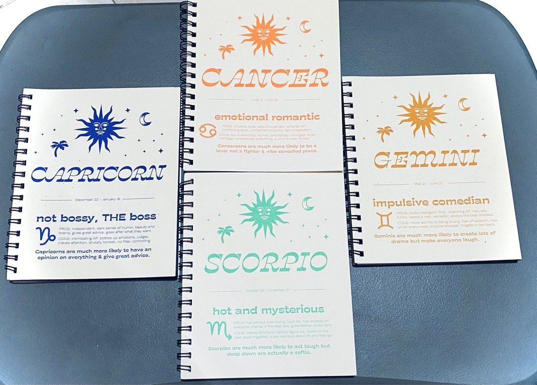 TYPO Star Zodiac Sign A5 Notebook (Category: Stationery & School Supplies) located in Valenzuela. Submitted by randomk1ngdom (Listing ID 1324825860, Image 1). Description: 400php EACH Available designs: Gemini, Cancer, Scorpio, Capricorn Paperback cover Lined paper Metal spiral spine .