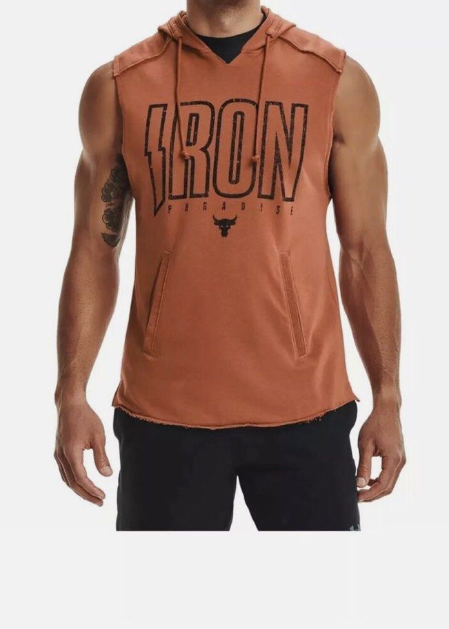 Under Armour Mens Project Rock Iron Paradise Orange Sleeveless medium Hoodie Men s Fashion Tops Sets Hoodies on Carousell