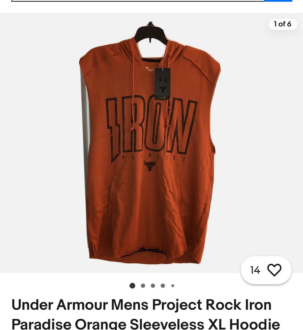 Under Armour Mens Project Rock Iron Paradise Orange Sleeveless medium Hoodie Men s Fashion Tops Sets Hoodies on Carousell