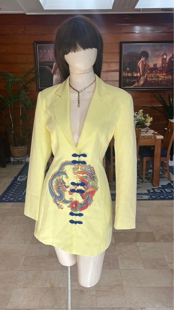 Yellow Dragon Print Shein Blazer Dress Medium Women s Fashion Coats Jackets and Outerwear on Carousell