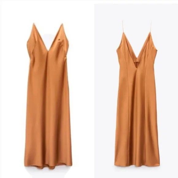 ZARA COPPER CREST SATIN EFFECT PLUNGE V NECK AND BACK MIDI MAXI DRESS Women s Fashion Dresses Sets Dresses on Carousell