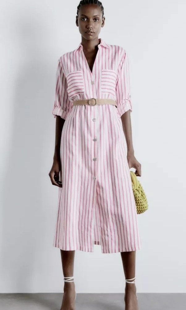 ZARA Pink/White Striped Belted Linen Blend Midi Dress Size XS, Women's  Fashion, Dresses & Sets, Dresses on Carousell