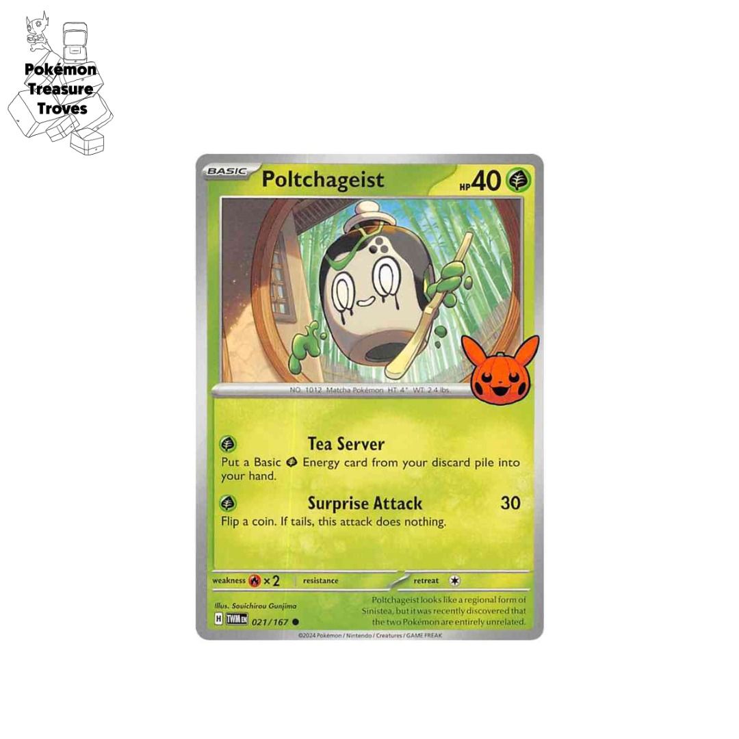 0.50] Pokemon Twilight Masquerade Poltchageist Halloween Stamp Card,  Hobbies & Toys, Toys & Games on Carousell