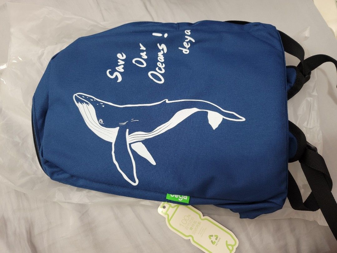 大翅鯨圖案背包 鯨魚圖案 防水後背包 藍色雙肩背包 海洋動物小背包