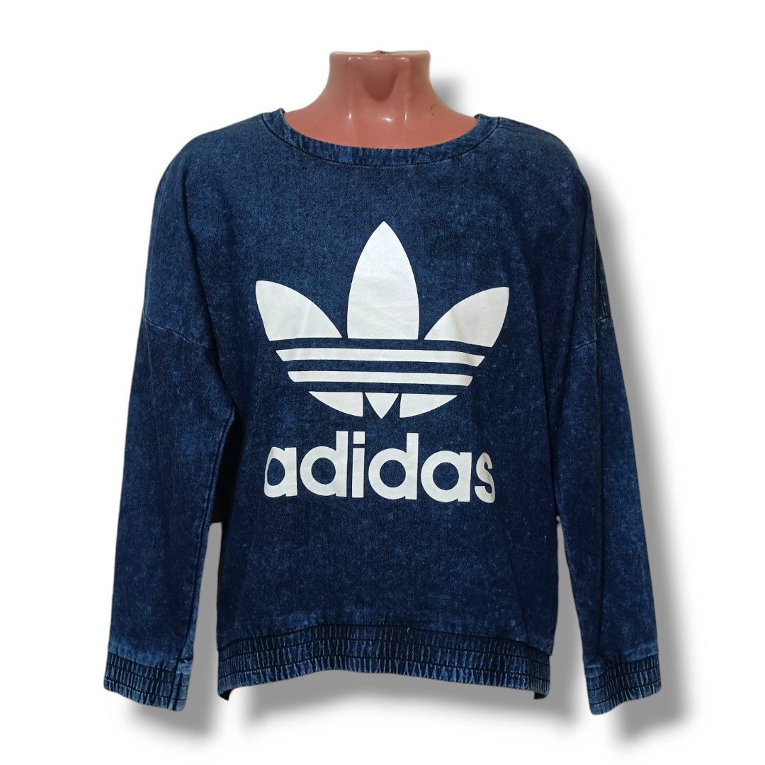ADIDAS THREEFOIL LOGO Cotton Denim Blue Pullover Longsleeve Sweater 03 Women s Fashion Tops Longsleeves on Carousell
