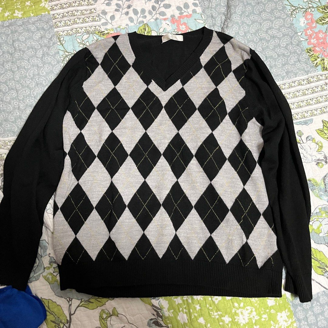 black checkered argyle v neck sweater grandpa vintage 90s, Women's