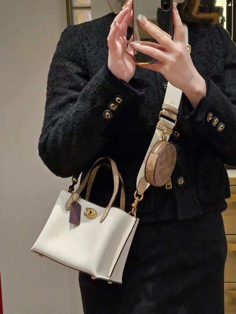 Coach Willow Tote Bag 18 In Polished Pebble Leather And Signature Canvas Women Crossbody Sling Shoulder Bag