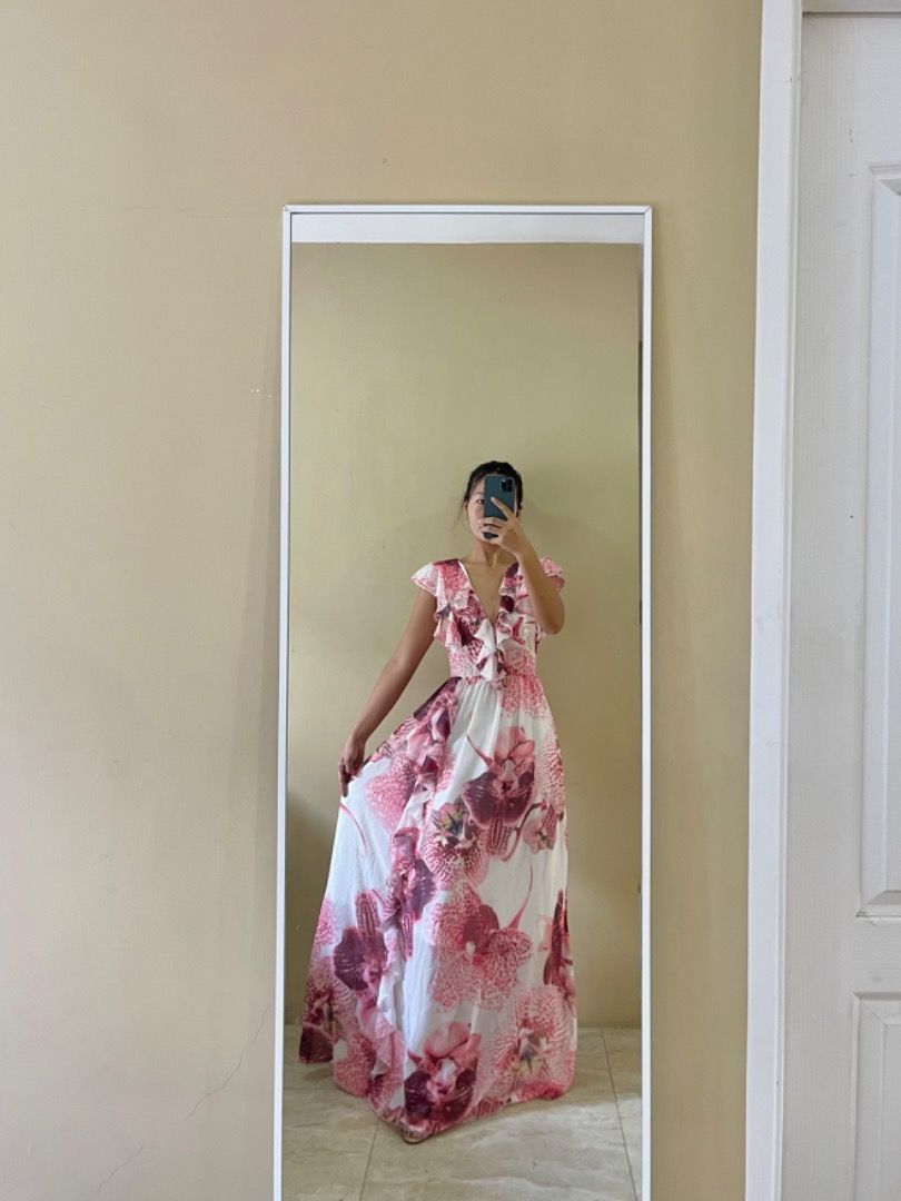 buy3get1free Elegant Garden Wedding Party Ruffle Floral Silk Chiffon Garden Wedding Party Maxi Long Dress Women s Fashion Dresses Sets Dresses on Carousell
