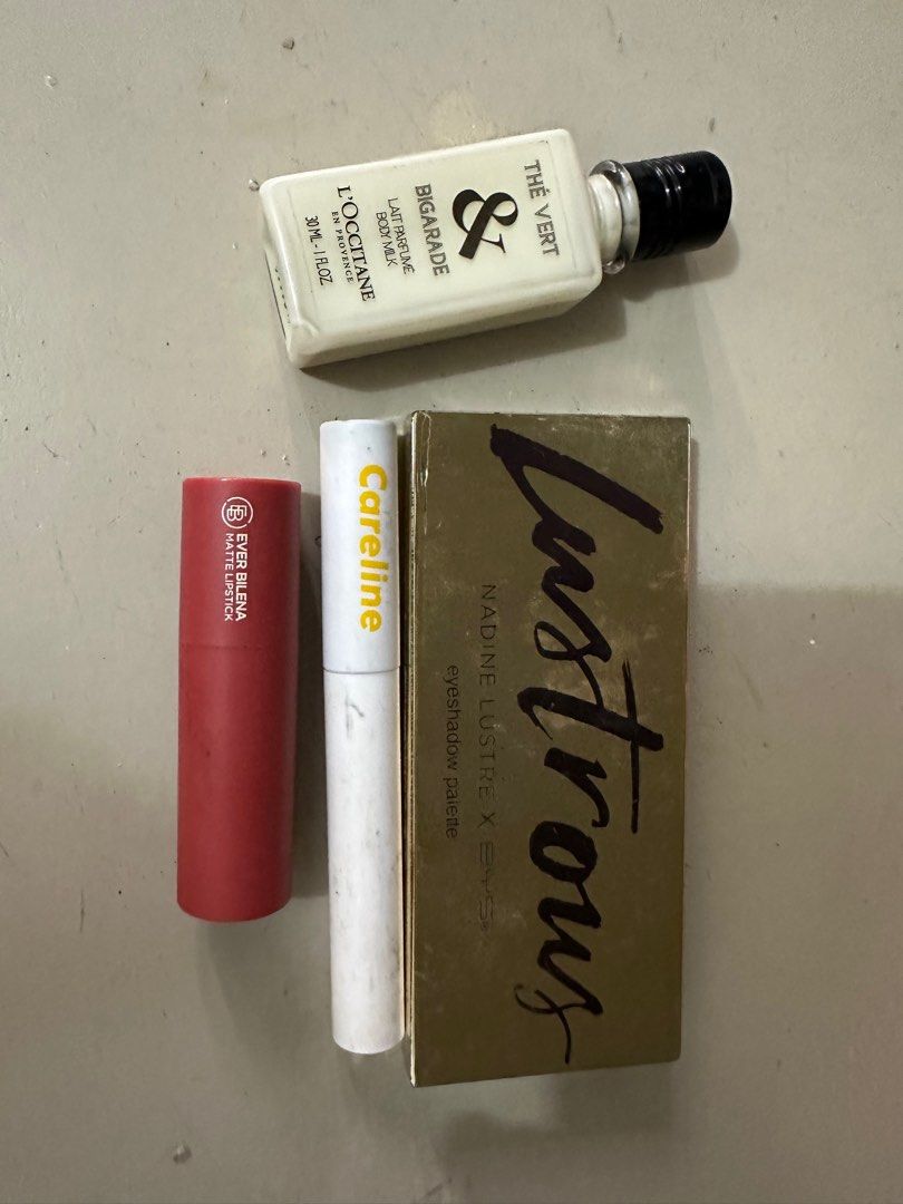 Make up Bundles (Category: Makeup) located in Manila. Submitted by darlenemarie0822 (Listing ID 1324929563, Image 1). Description: Get all for 500 pesos only: 1. L’occitane small lotion 2. Lustrous : Nadine Lustrr x BYS Eye shadow 3. Ever Bilena Matte Lipstick, Auburn Delight Shade 4. Careline Eye Shadow.