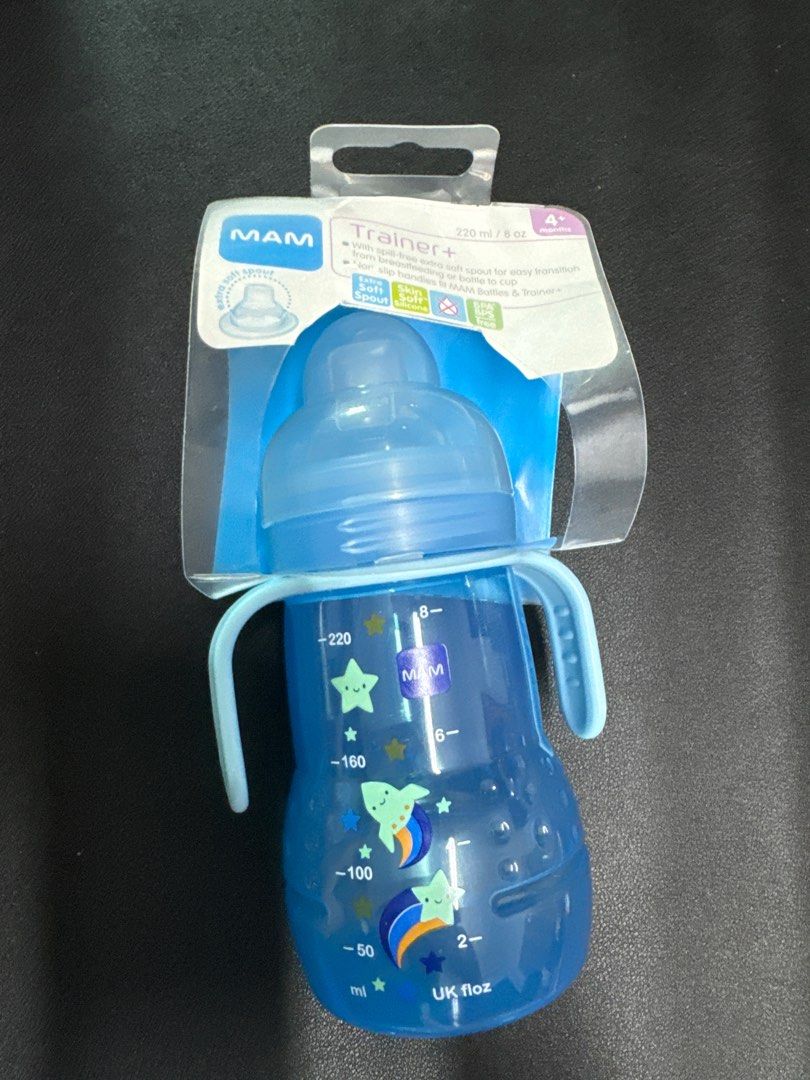 thumbnail image 2 of MAM Plastic Trainer Cup - 1 Count, Extra-Soft Spout, Spill-Free Nipple, Non-Slip Handles - Boys 4+ Months, 8 Ounces, Blue 2 of 11