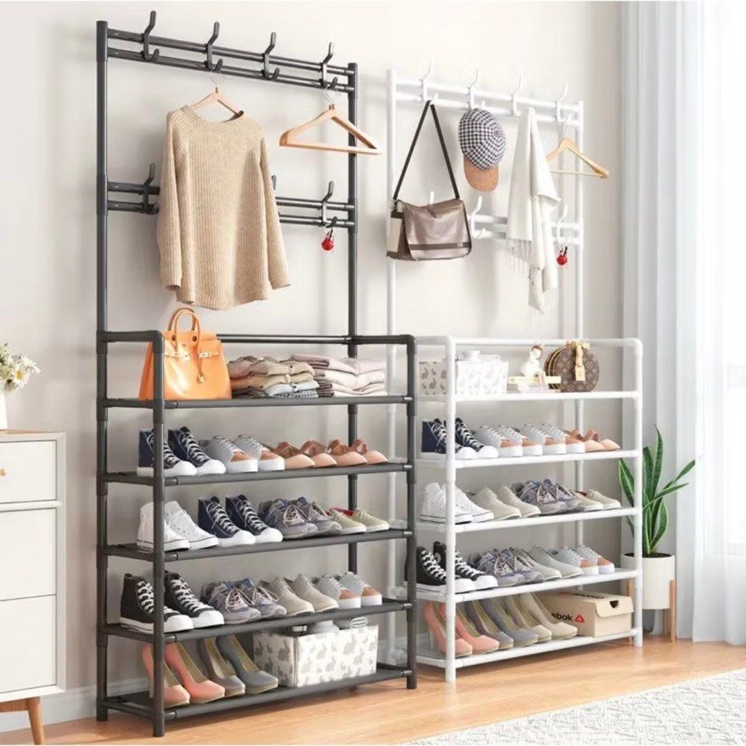 Multifunctional Stainless Steel Rack With Shoe Rack Shoe Organizer With Hooks Clothes Hanging Rack