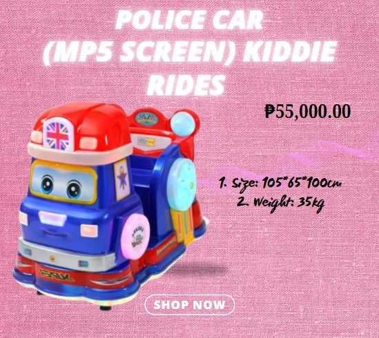 Police Car (MP5 screen) KIDDIE RIDES (Category: Kids Toys) located in Aroroy. Submitted by 09602831019 (Listing ID 1324938636, Image 1). Description: "1. Size: 105*65*100cm 2. Weight: 35kg".