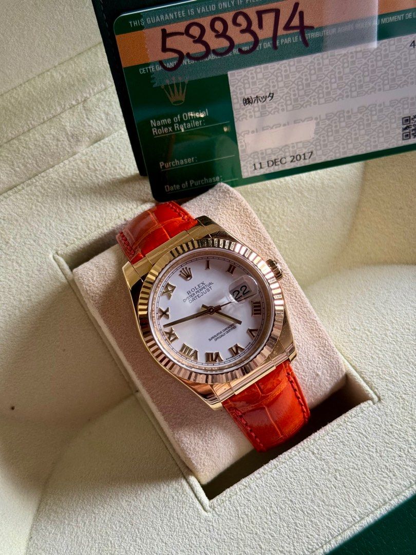 Rare Rolex Datejust 36mm with Leather Strap (Category: Luxury Watches) located in Pasay City. Submitted by missnayeon (Listing ID 1325001824, Image 1). Description: Condition: 9.8/10 (Mint Condition) Year: 2017 Complete Inclusions ✅ Rare Original Rolex Leather Strap 🍊🧡 Slightly Negotiable 😊.
