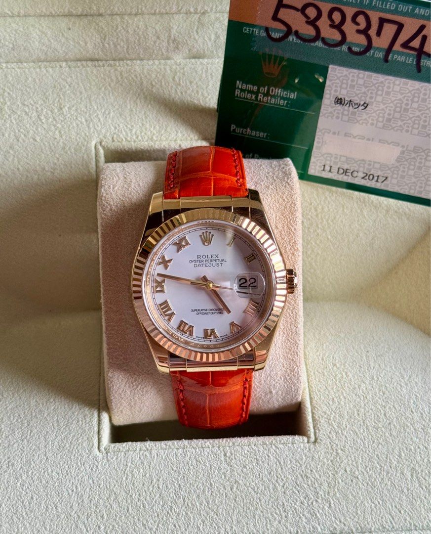 Rare Rolex Datejust 36mm with Leather Strap (Category: Luxury Watches) located in Pasay City. Submitted by missnayeon (Listing ID 1325001824, Image 2). Description: Condition: 9.8/10 (Mint Condition) Year: 2017 Complete Inclusions ✅ Rare Original Rolex Leather Strap 🍊🧡 Slightly Negotiable 😊.