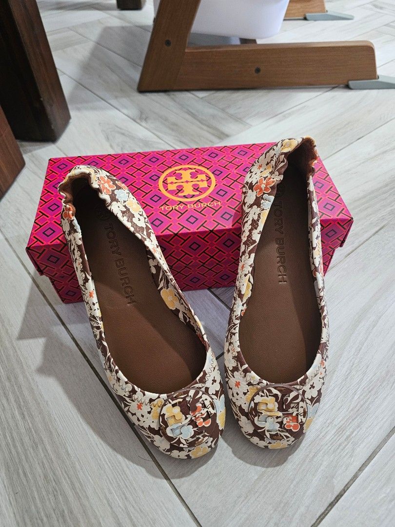TORY BURCH MINNIE TRAVEL BALLET LEATHER LOGO FLORAL BROWN REVERIE COMBO US 8.5