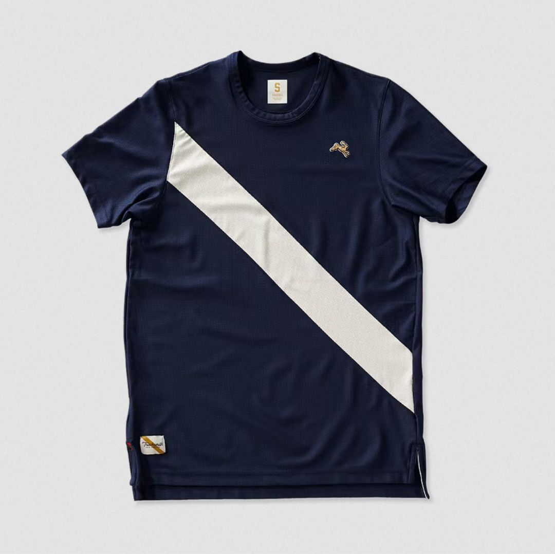 Tracksmith Van Cortlandt Tee - Navy/Ivory (Category: Activewear) located in Makati City. Submitted by raceday.rdy (Listing ID 1325052384, Image 1). Description: Tracksmith's antimicrobial moisture wicking 2:09 mesh tee with their signature sash Small and Medium, see garment measurements in the last pic Used in excellent condition Color: Navy/Ivory.
