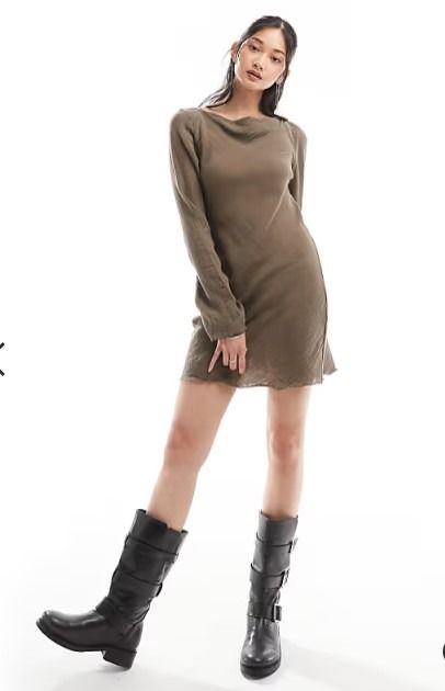 weekday linen dress Weekday Ginko linen blend long sleeve mini dress in brown