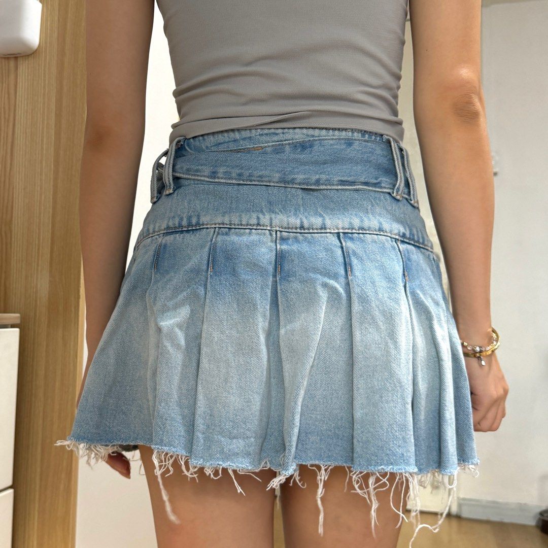 Denim Skirt Super Short Skirt Zara Zara Denim Buckle Belt Pleated